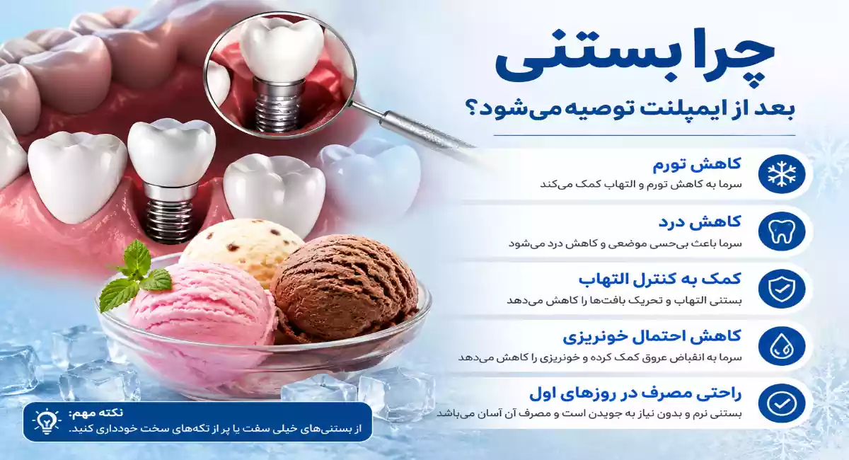 ایمپلنت | عفونت خوردن بستنی بعد از ایمپلنت؛ زمان مناسب، مزایا و نکات مهم